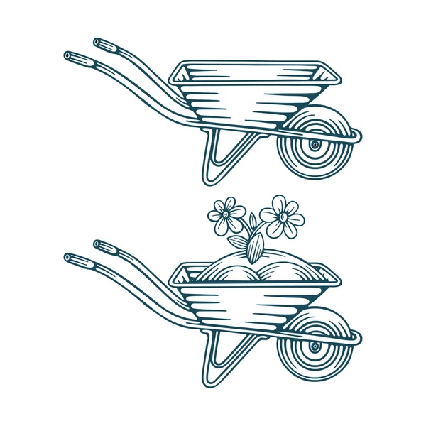 Wheelbarrow Flower Pushcart Flower Hand Drawn Vector Illustrations Set Wheelbarrow — Stock Vector