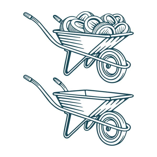 Wheelbarrow Wheelbarrow Coins Hand Drawn Vector Illustrations Set Trolleys Sketch — Stock Vector