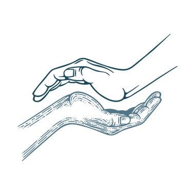 El avuç içi gravür stili vektör çizimi. Koruma ve bakım konsepti metaforu. Kümenin bir parçası. 