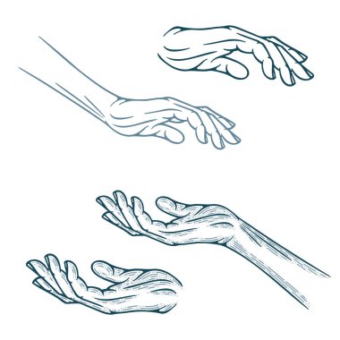 El avuç içi gravür stili vektör çizimi. Koruma ve bakım konsepti metaforu. Kümenin bir parçası. 