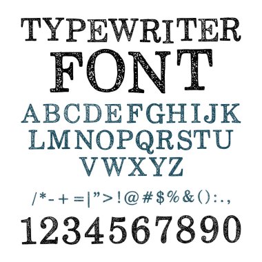 Daktilo yazı tipi. Basılmış eski harfler, sayılar ve semboller. Kümenin bir parçası. 