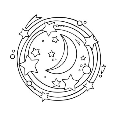 Ay ve yıldızlar. Gece gökyüzü çizimi vektör çizimi. Kümenin bir parçası. 