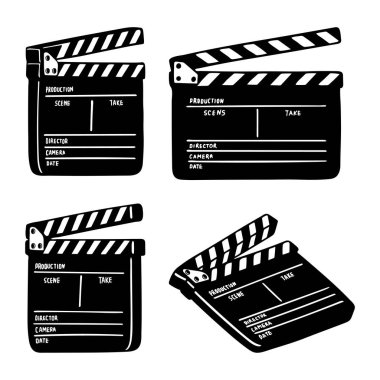 Alkış tahtası. Açılan film el çırpma tahtası vektör çizimleri koleksiyonu. Kümenin bir parçası. 