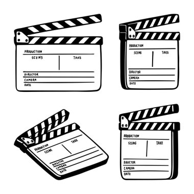 Alkış tahtası. Açılan film el çırpma tahtası vektör çizimleri koleksiyonu. Kümenin bir parçası. 