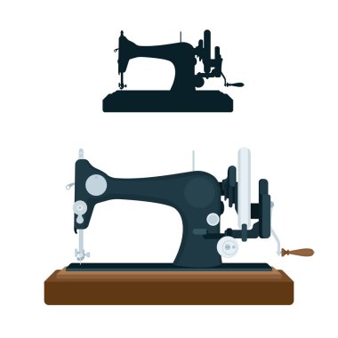 Antika dikiş makinesi. Eski dikiş makinesi vektör çizimi. Kümenin bir parçası.