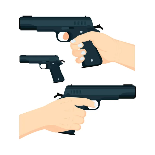 Hand Gun Hand Holding Gun Front Back Views Vector Illustrations — Stock Vector