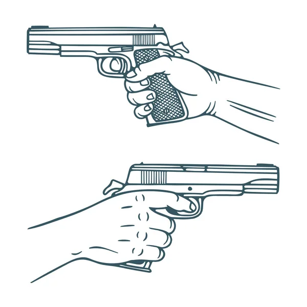 Рука Пістолетом Рука Тримає Пістолет Спереду Ззаду Рука Намальована Векторні — стоковий вектор