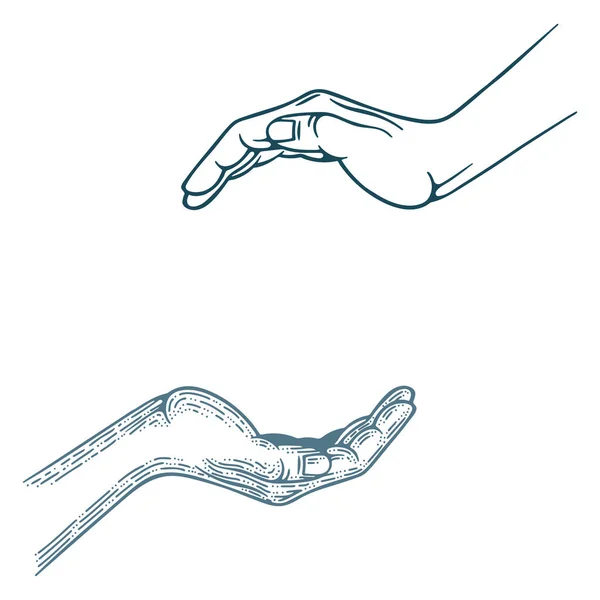 Mão Palmas Gravura Estilo Vetor Ilustração Proteger Cuidar Gráfico Conceito — Vetor de Stock