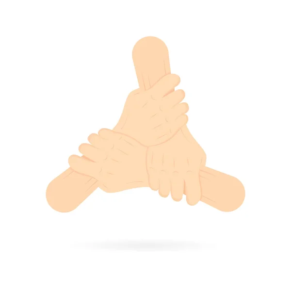 Єднайте Руки Разом Три Руки Тримаються Одна Одній Ізольовано Білому — стоковий вектор