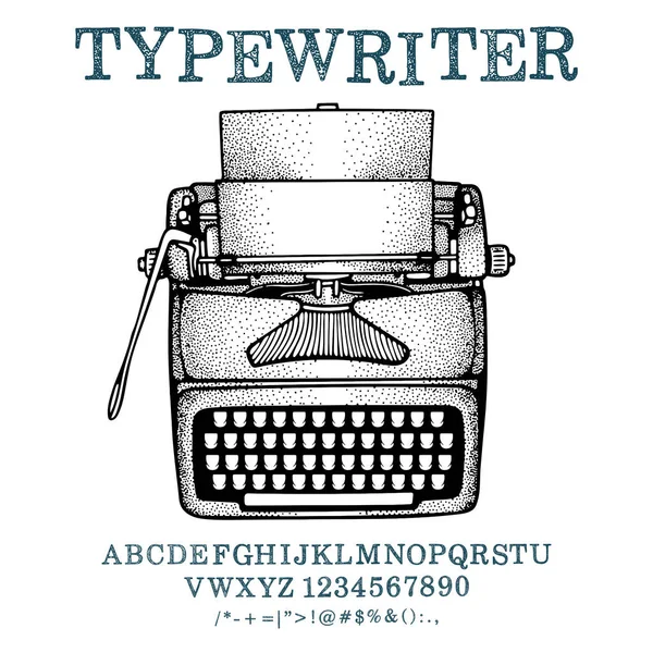 タイプライター 手描きアウトラインレトロタイプライターベクトルイラストとタイプライトフォント 集合の一部 — ストックベクタ