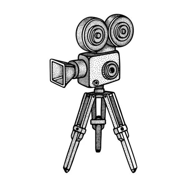 映画カメラ 彫刻スタイルのヴィンテージムービーカメラと三脚ベクトルイラスト 集合の一部 — ストックベクタ