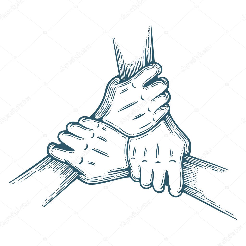 Join hands together. Three hands holding each other isolated on white background. Teamwork concept hand drawing vector illustration. Part of set.