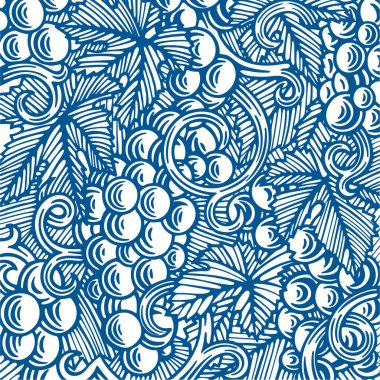 Üzüm ve asma elle çizilmiş vektör çizimi. Üzüm bağı işleme tarzı arka plan. Kümenin bir parçası.