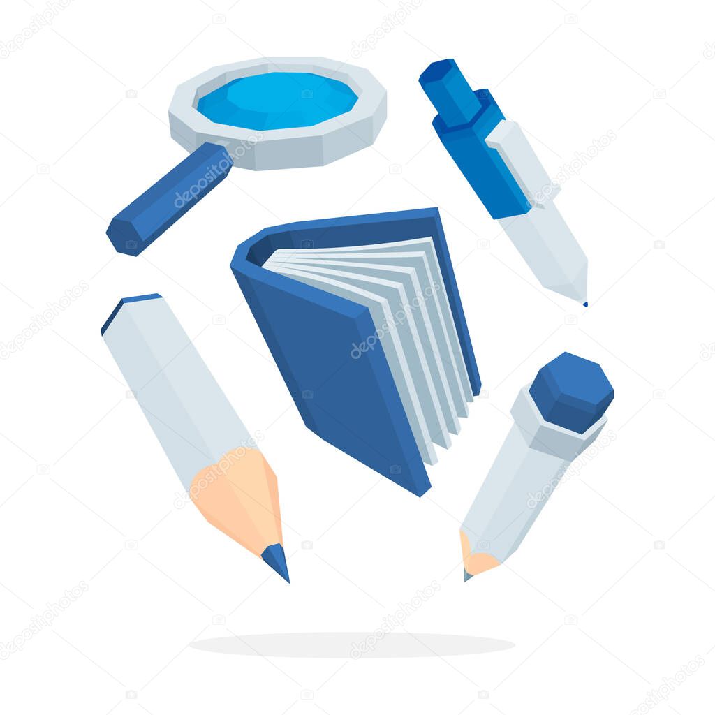 Learning, studding and knowledge metaphor illustration. Back to school. Flying isometric book, pen, pencil and magnifier. Part of set.