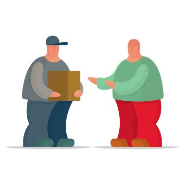 Teslimat servisi. Paketi ve müşterisi olan bir kurye. Elinde bir kutu ve mutlu bir müşteriyle teslimatçı. Kümenin bir parçası. 