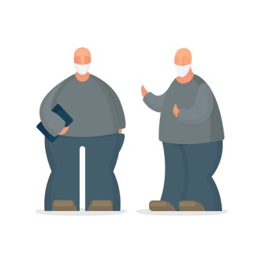 Erkek çizgi film tarzı soyut karakterler. Yüz maskesi takmış adamlar. Kümenin bir parçası.