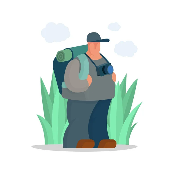 Personnage Dessin Animé Touristique Voyageur Avec Sac Dos Appareil Photo — Image vectorielle