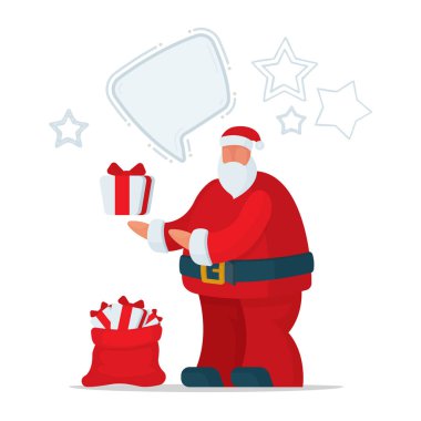 Noel Baba soyut çizgi film karakteri, konuşma balonu ve yıldızlar. Noel Baba, çuval ve hediye kutuları. Kümenin bir parçası.