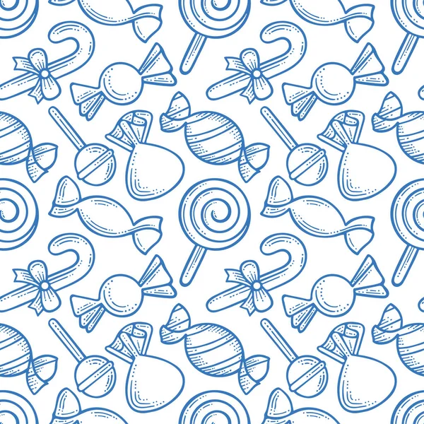 甜食无缝图案 不同的糖果和棒棒糖手绘出无穷无尽的背景 成套服务的一部分 — 图库矢量图片