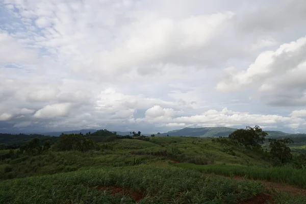 Vista Grama Montanhas Dia Nublado — Fotografia de Stock