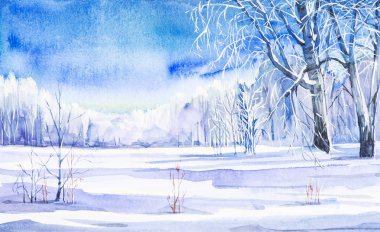 Orman ve karlı alan kış manzara. El çizilmiş watercolo