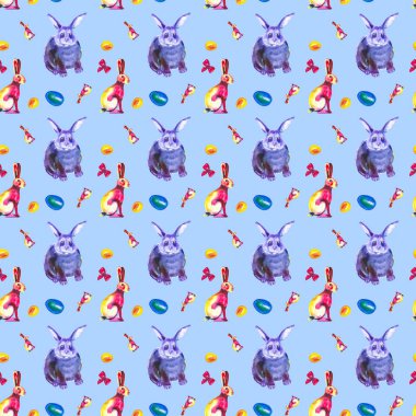 Soyut çok renkli ve mavi Bunny, pembe yay Dikişsiz desen