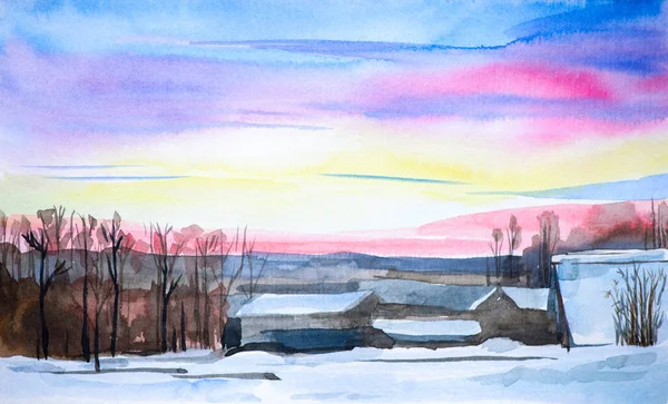 Watercolor landscape. Winter sunset in the village among the tre
