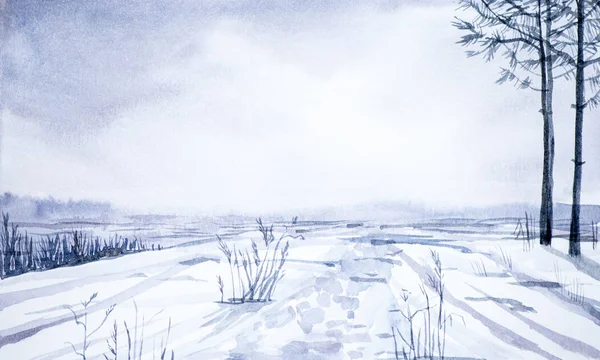 Зимовий пейзаж лісу та засніженого поля. Рука намальована — стокове фото