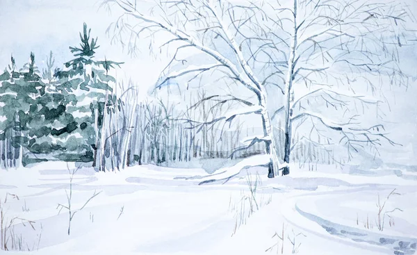 Winterlandschaft mit Wald und verschneitem Feld. Handgezeichnetes Aquarell — Stockfoto