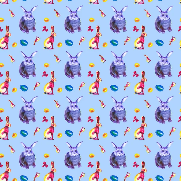 抽象多色和蓝色兔子的无缝模式, 粉红色的弓 — 图库照片