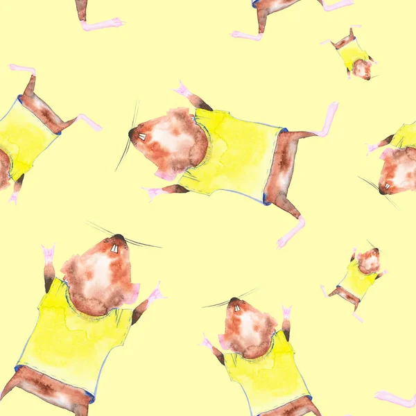 Comic watercolor illustration of flying Guinea pig in a yellow t-shirt. Isolated on yellow background.Seamless pattern