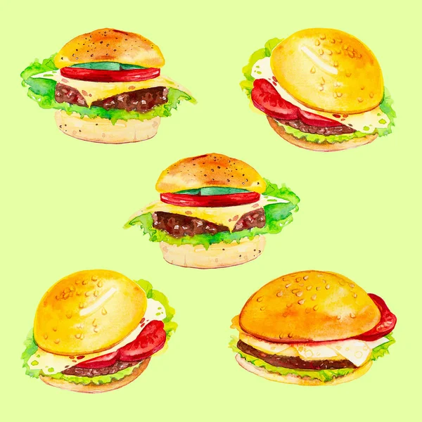 Set van heerlijke verse hamburgers. Aquarel illustratie geïsoleerd — Stockfoto