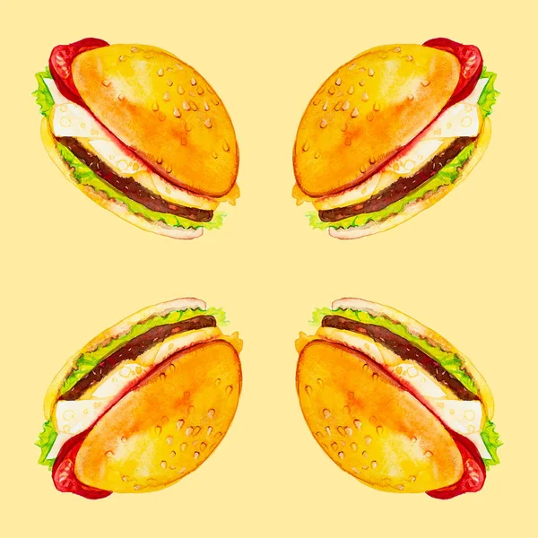 맛 있는 신선한 햄버거 세트입니다. 수채화 일러스트 절연 — 스톡 사진