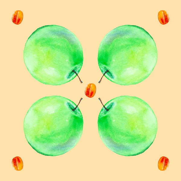 Acuarela ilustración de manzanas frescas y melocotones aislados en —  Fotos de Stock
