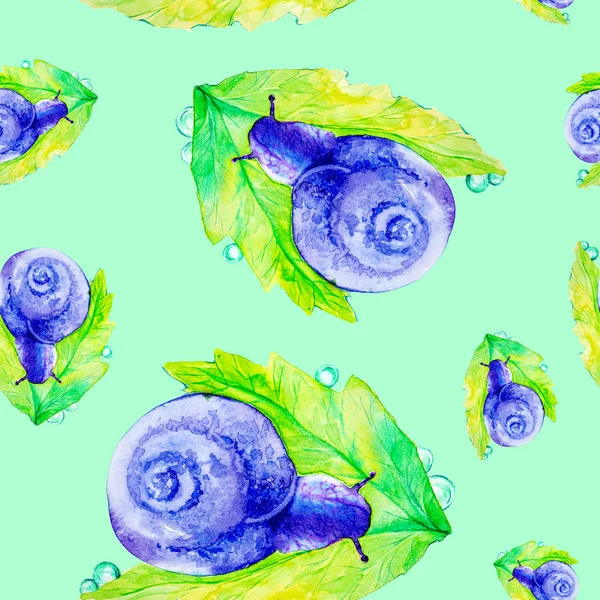 Caracol roxo abstrato em uma grande folha verde. Ilustração aquarela isolada em fundo branco.Padrão sem costura — Fotografia de Stock