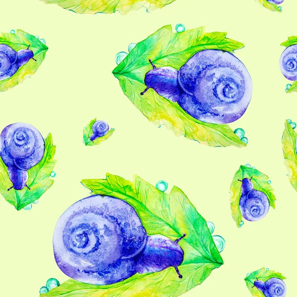 Caracol roxo abstrato em uma grande folha verde. Ilustração aquarela isolada no fundo amarelo.Padrão sem costura — Fotografia de Stock