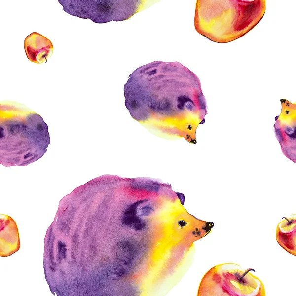Multicolor Hedgehog zit en kijkt naar de kleurrijke appel. Naadloos patroon geïsoleerd op witte achtergrond — Stockfoto
