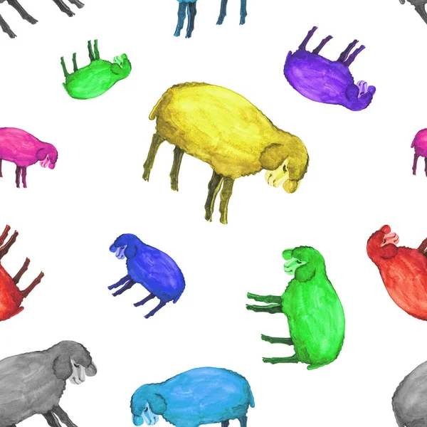 Aquarell nahtlose Muster von mehrfarbigen Schafen mit geschlossenen Augen. Illustration isoliert auf weißem Hintergrund — Stockfoto