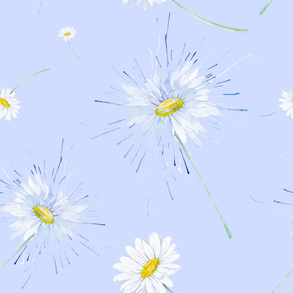 Абстрактна акварельна ілюстрація ромашок. Ізольовано на синьому фоні. Безшовний візерунок — стокове фото