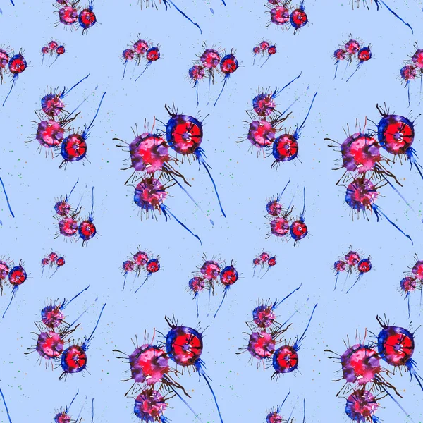 Abstract watercolor illustration of bright multicolor dandelions  isolated on blue background. Seamless pattern