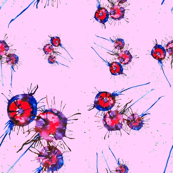 Abstract watercolor illustration of bright multicolor dandelions  isolated on red background. Seamless pattern