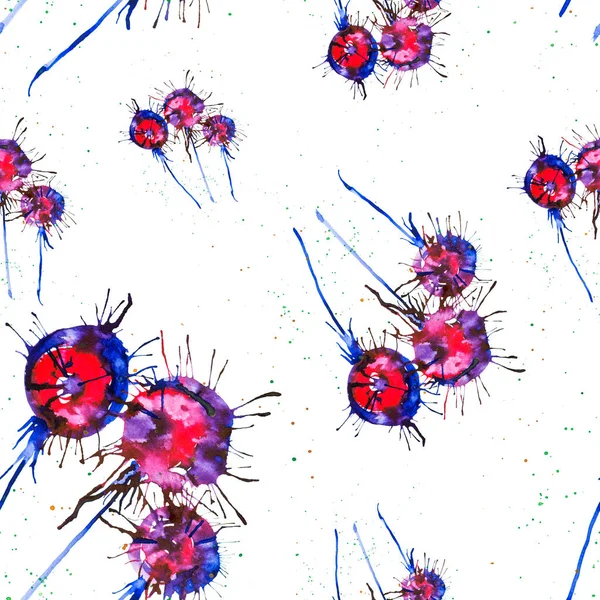 Abstract watercolor illustration of bright multicolor dandelions  isolated on white background. Seamless pattern