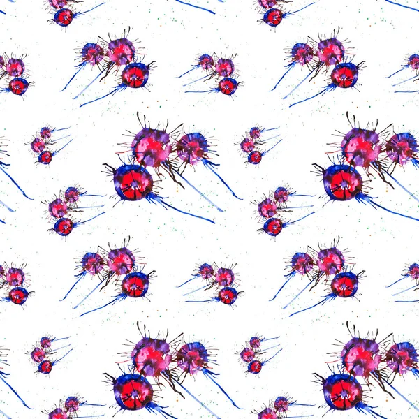 Abstract watercolor illustration of bright multicolor dandelions  isolated on white background. Seamless pattern