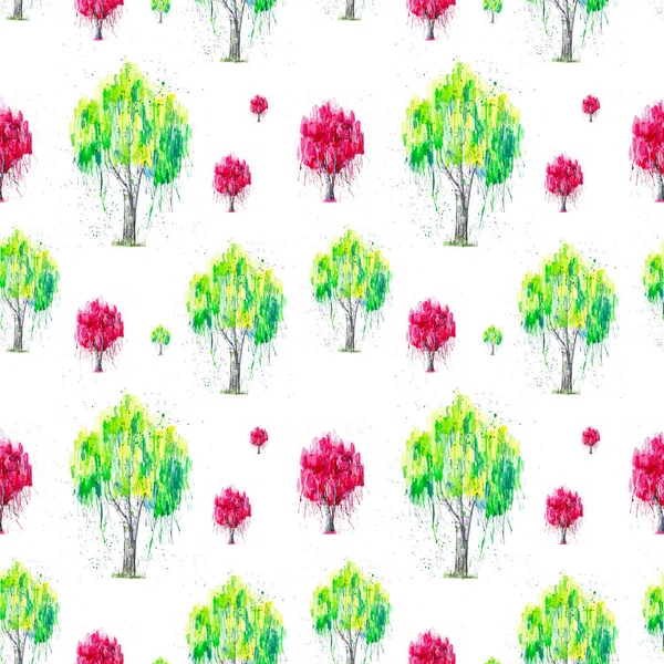 Abstract watercolor illustration of green and red Russian birch tree with splashis isolated on white background. Hand painted on paper. Seamless pattern — Stock Photo, Image