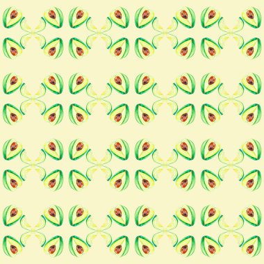 Suluboya illüstrasyon avokado bütün ve dilim sarı arka plan izole. Kağıt üzerinde el boyama. Dikişsiz desen