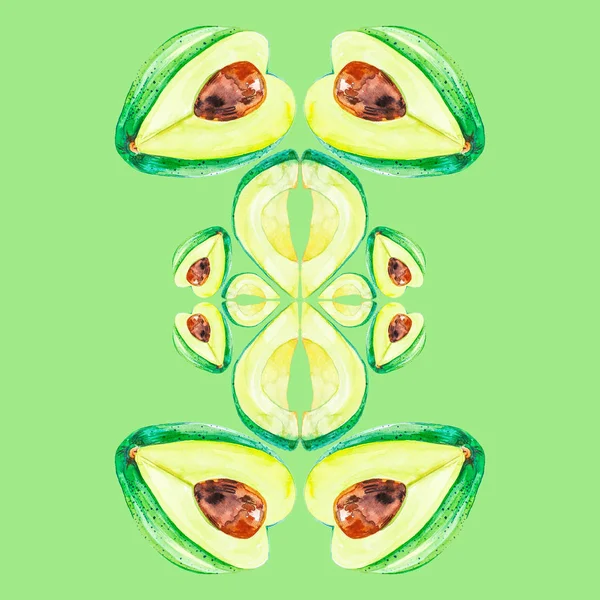 Aquarel illustratie avocado hele en slice geïsoleerd op groene achtergrond. Hand schilderij op papier. Naadloos patroon — Stockfoto