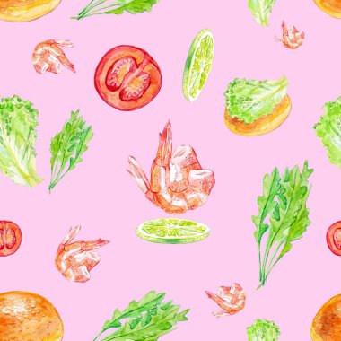 Karides, kireç, domates, salata, topuz ve otlar ile suluboya Dikişsiz desen. Kırmızı arka planda yalıtılmış çizim