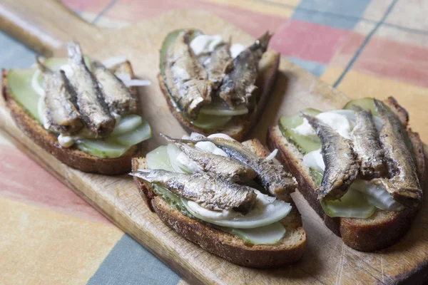 Snack Sandwiches Sprats Pickles — Stock Photo, Image