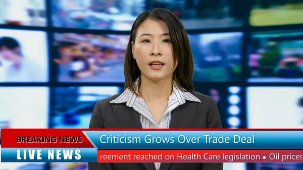 Asian American Anchorwoman Lower Thirds News Broadcast Concept — Stock Photo, Image