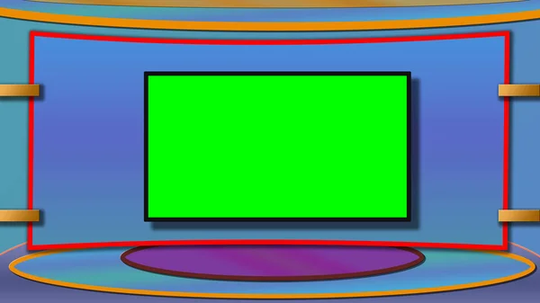 Blue and red theme TV news studio background with greenscreen